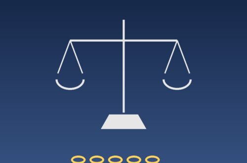 Illustration générée : balance de la justice et chaîne brisée, droits humains