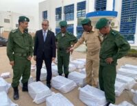 Gendarmes mauritaniens montrant des stupéfiants saisis lors d'une opération