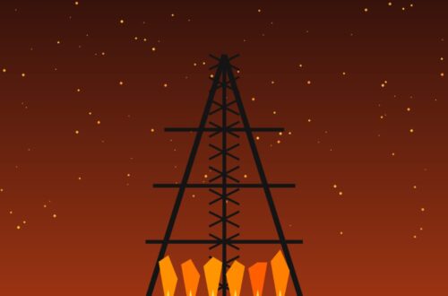 Illustration générée : pylône électrique en feu, panne de courant à Nouakchott