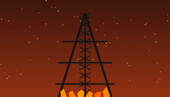 Illustration générée : pylône électrique en feu, panne de courant à Nouakchott